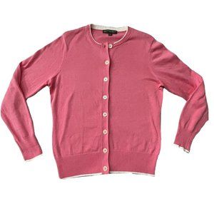 346 Brooks Brothers Cardigan Sweater Button Up Pink White Trim Supima Cotton L
